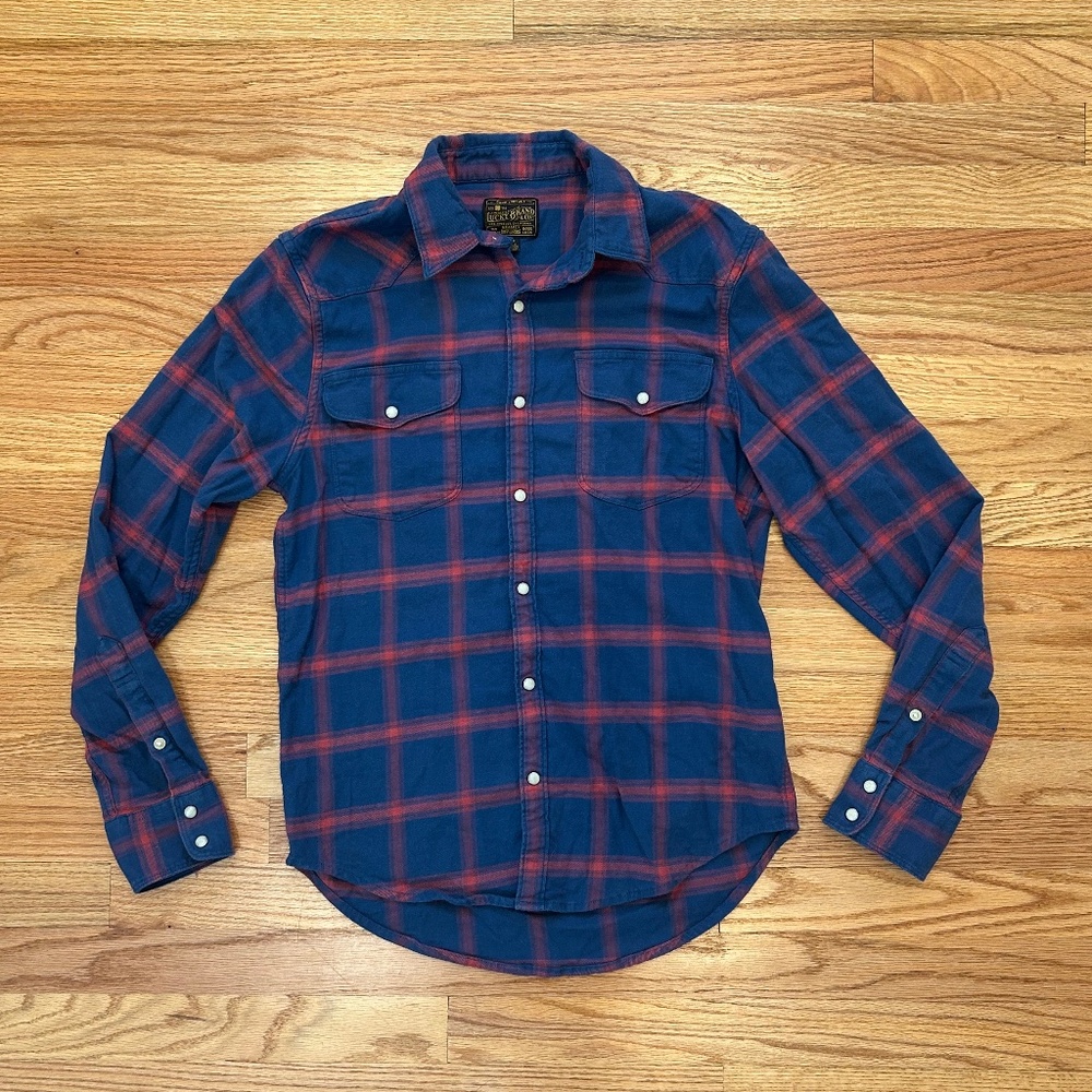Men's Lucky Brand Western Long Sleeve Shirt Blue and Red Plaid
